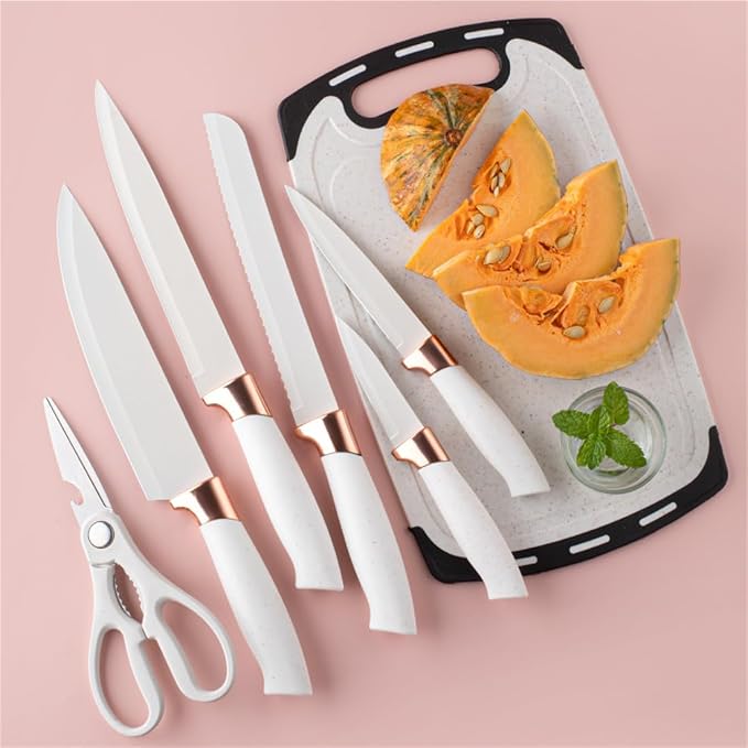 19 Pieces Kitchen Utensil and Knife Set with Block, with 11 Piece Silicone Cooking Utensils, 5 Pcs Sharp Stainless Steel Chef Knives Scissors Whisk Tongs and Cutting Board Beige