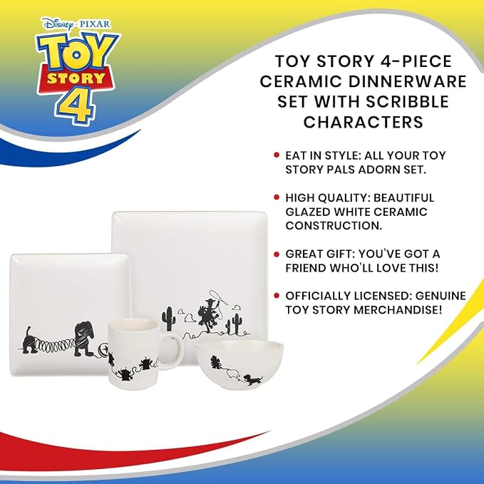 Toy Story 4-Piece Ceramic Dinnerware Set With Scribble Design - Cute Character Line Drawings - Beautiful Glazed White Square Dinner & Salad Plates With 16 Oz. Bowl & 11 Oz. Mug Place Setting