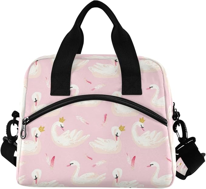 OREZI Lunch Bag for Girls Women,White Swans And Pink Feathers Lunch Box Container with Detachable Shoulder Strap,Insulated Lunch Coolers for School Office