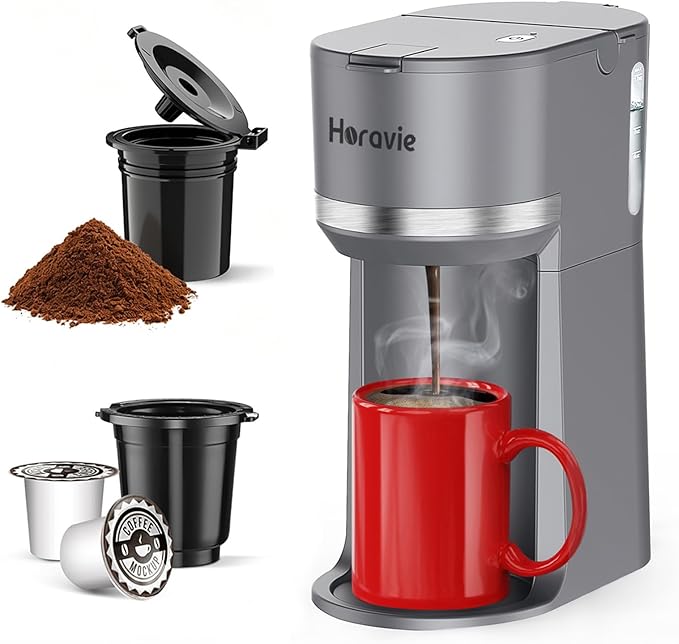 Horavie Mini Single Serve Coffee Maker for K Cup Pods and Ground Coffee, Fast Brew One Cup Coffee Machine with Descaling Reminder and Water Window, 6 to 12 oz. Brew Sizes, Gray