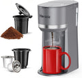 Horavie Mini Single Serve Coffee Maker for K Cup Pods and Ground Coffee, Fast Brew One Cup Coffee Machine with Descaling Reminder and Water Window, 6 to 12 oz. Brew Sizes, Gray