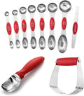 Spring Chef Dessert Bundle - Ice Cream Scoop, Medium Dough Blender, Magnetic Measuring Spoons Set - Red