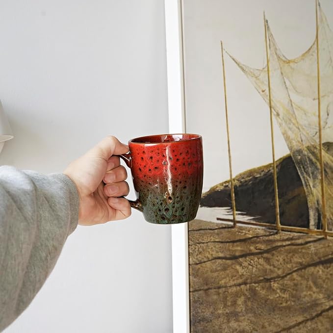 Bosmarlin Ceramic Coffee Mug Set of 4, 17 Oz, Coffee Cups with Big Handle, Microwave Safe, Unique Reactive Glaze (Red&Green)