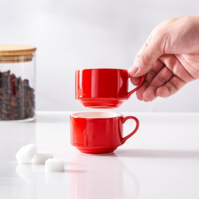 2.5oz Espresso Cups Set of 4, Small Stackable Coffee Cups with Saucers and Metal Stand, Ceramic Demitasse Cups, Cappuccino Cups for Coffee Drinks, Latte, Red