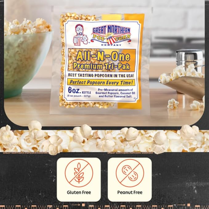 6oz Popcorn Machine Popcorn Packets - All-in-One Movie Theater Style Popcorn Kernels, Salt, and Oil Packs by Great Northern Popcorn, 6 Ounce (Pack of 24)