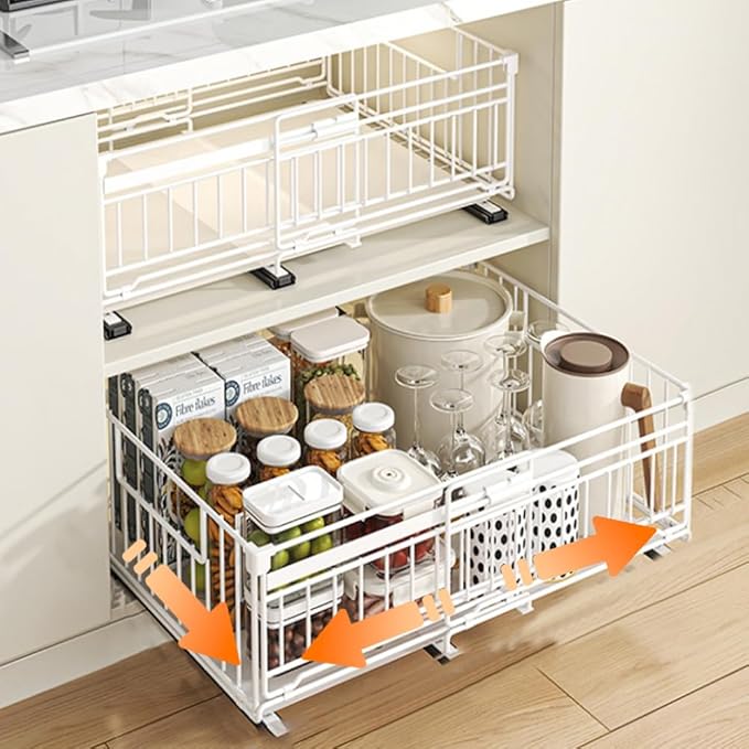 Expandable Pull Out Cabinet Organiser, No Drill Adhesive Slide Out Kitchen Drawer Shelf Durable Metal for Under Sink, Cupboard, Pantry, Adjustable Width (12.8"-19.7") (Style B White, 2 Pack)