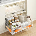 Expandable Pull Out Cabinet Organiser, No Drill Adhesive Slide Out Kitchen Drawer Shelf Durable Metal for Under Sink, Cupboard, Pantry, Adjustable Width (12.8"-19.7") (Style B White, 2 Pack)