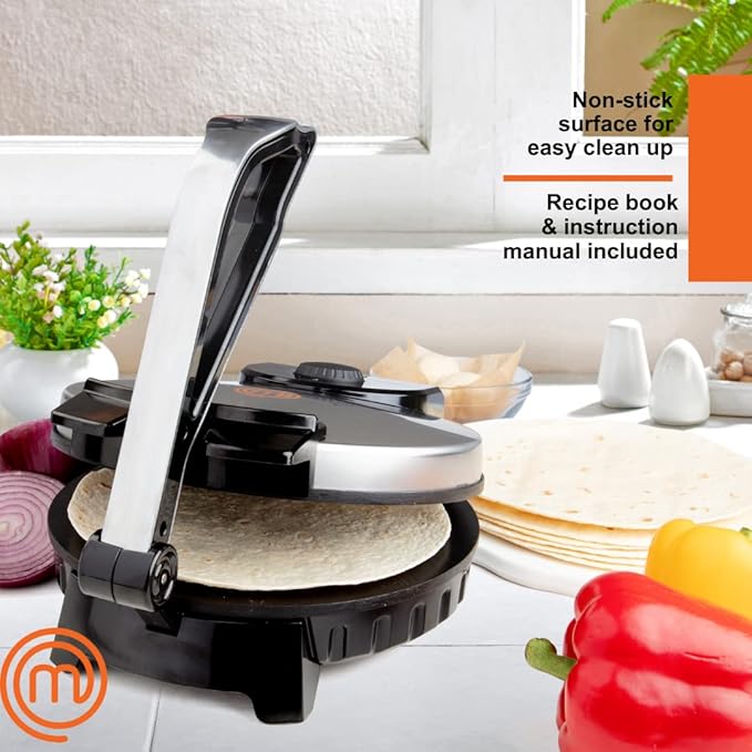 MasterChef Electric Tortilla Maker- Homemade Flatbread, Pitas, Bread, Tortillas- Heavy Duty, Non-stick Cooker is Easier than Tortilla Press, Adjustable Temperature Control and Uniform Baking, Gift