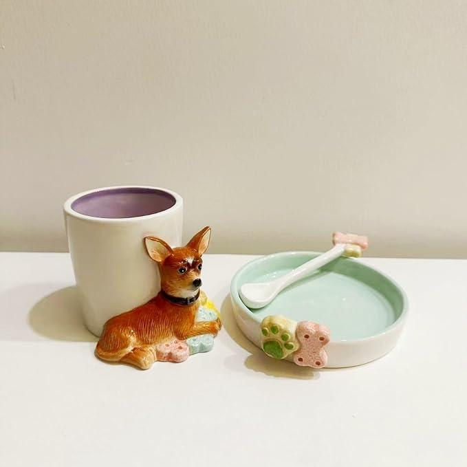 Ceramic Animal Coffee Mug Cup and Saucer Set，200ML(6.8OZ) 3D Hand-painted Tea Cup with Spoon (Brown)