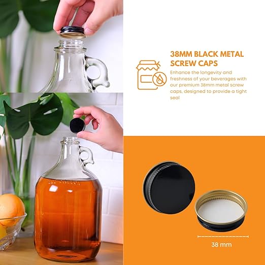 Fastrack 16-Pack 1 Gallon Glass Jug (128 oz) w/16 38mm Black Metal Screw Cap – Multipurpose 1 Gallon Jug, & Detergent Dispenser for Laundry, Glass Jar for Liquids, Water & Juice