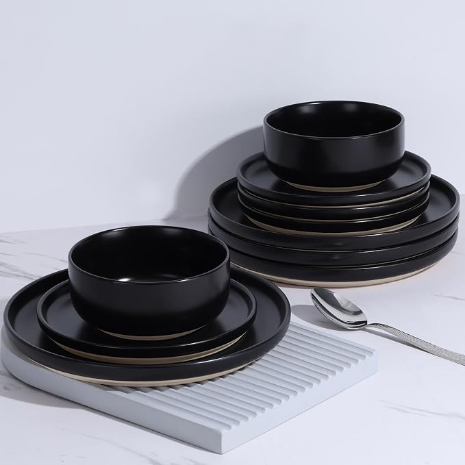 LIANYU Plates and Bowls Sets for 2, 6 Piece Stoneware Dinnerware Set, Porcelain Dishware for Kitchen and Dining, Microwave Oven Dishwasher Safe, High temperature & Scratch Resistant, Matte Black