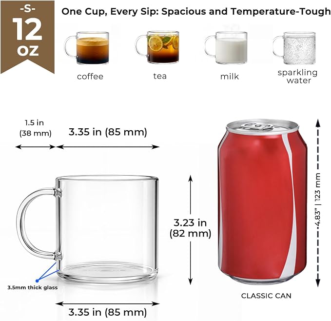 Aquach 12oz Glass Mugs Set of 4, Clear Borosilicate Cups with Handle | Dishwasher/Microwave Safe, 3.5mm Thick, Single-walled, Smooth Rim, Stable Flat Base, Fits Hot/Cold Brews