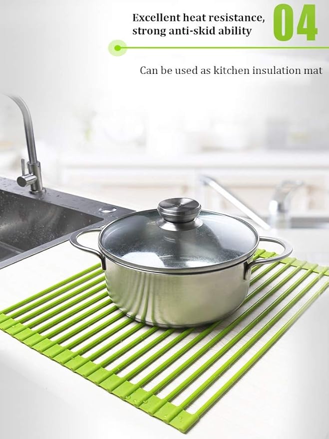 Green Creative Roll-Up Dish Drying Rack Stainless Steel and Silicone Dish Drying Mat Convenient Over The Sink Foldable Drain Rack - 43x33cm(43 * 33cm)