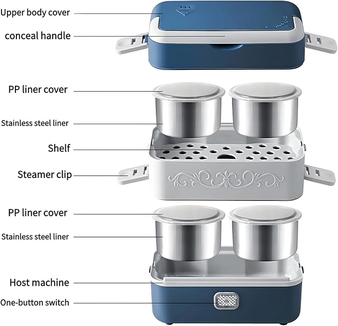 Electric Lunch Box for Adults, 200W Heated Lunch Containers 2.4L(10Cups) Stainless Steel Electric Food Warmer,4 bowls Double Layer Quick Heatable Lunchbox for Office/Home