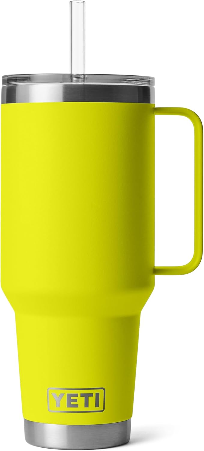 YETI Rambler 42 oz Tumbler with Handle and Straw Lid, Travel Mug Water Tumbler, Vacuum Insulated Cup with Handle, Stainless Steel, Firefly Yellow