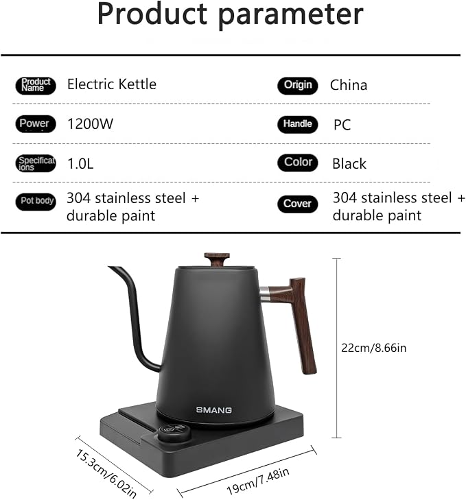 Electric Kettles, Gooseneck Electric Kettle, ±1℉ Temperature Control, for Pour Over Coffee and Tea, 304 Stainless Steel Inner, BPA-Free, Quick Heating Electric Kettles for Boiling Water, 1L Black