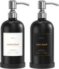 Kitchen Soap Dispenser Set – 16.8oz/500ml Glass Hand and Dish Soap Dispenser with Stainless Steel Pumps & Non-Slip Silicone Base, Luxury Countertop Decor for Home, Airbnb, Restaurant (Black & Silver)