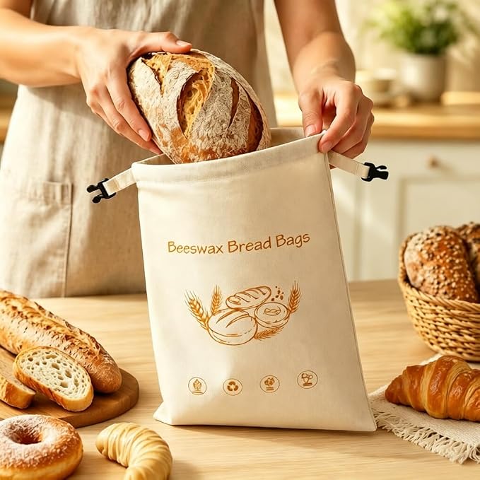 2 Pack Beeswax Bread Bags for Homemade bread＆Sourdough, 17x13 inch XL Reusable Organic Linen, Freezer-Friendly Eco-Friendly Storage for Bread, Keeps Loaves Fresh Longer