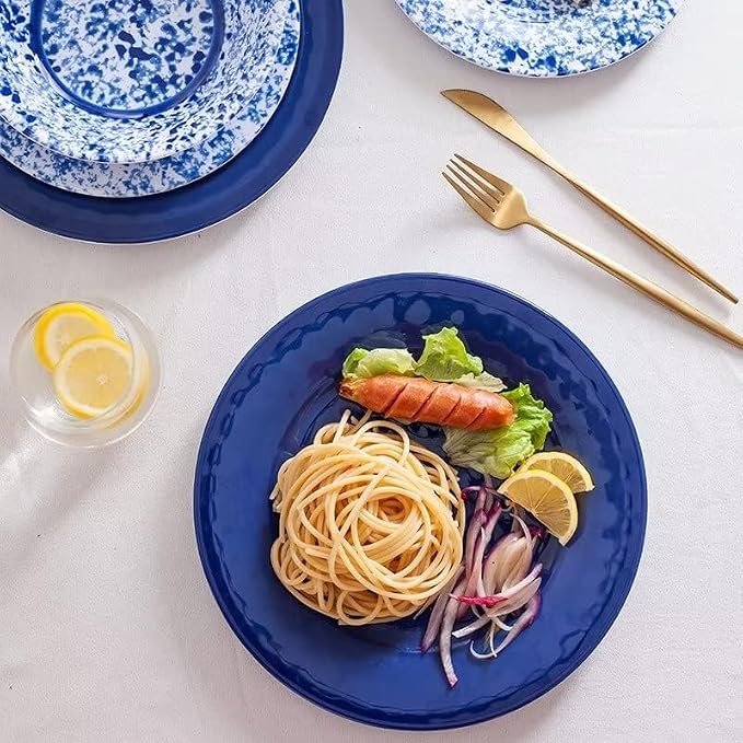 Melamine Dinnerware Set, 12 Piece Service for 4, Blue and White Porcelain Tableware Dishes for Indoor and Outdoor Use, Unbreakable Plates and Bowls Sets, Dishwasher Safe BPA Free