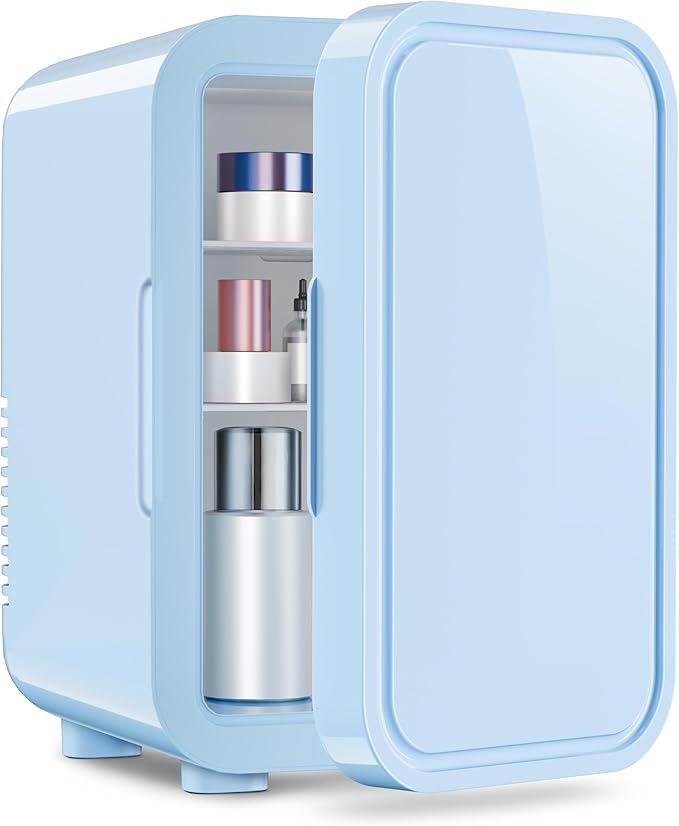 OSTBA Mini Fridge for Skincare, 6 Liter/8 Can 110V AC/DC Portable Thermoelectric Cooler Refrigerators for Bedroom, Skincare, Beverage, Office, Dorm Room and Car, Blue