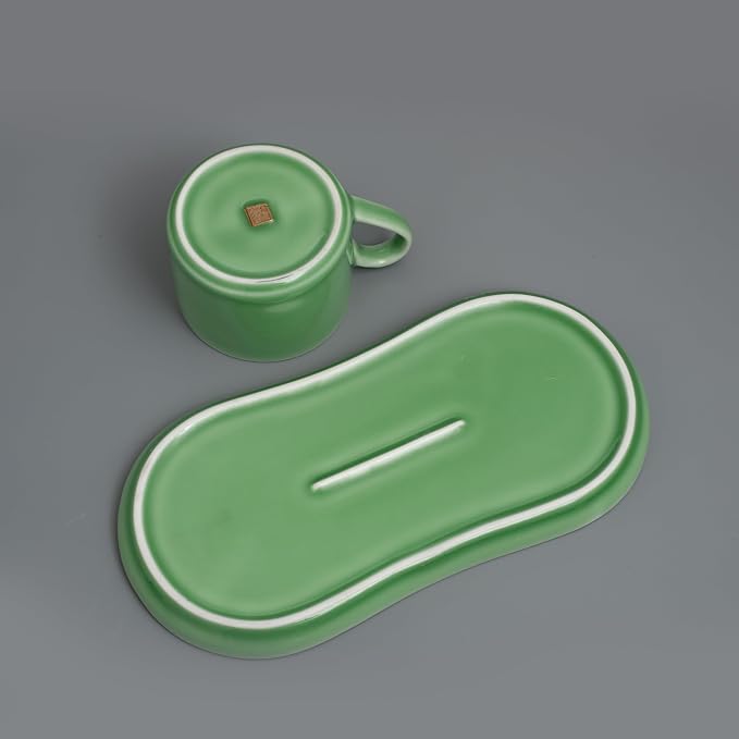 Longquan UNESCO Heritage Celadon Coffee Set Double-glazed collector's edition with oval-shaped plates and tableware - handcrafted plum green glaze ceramic gift box (1, Plum green glaze)