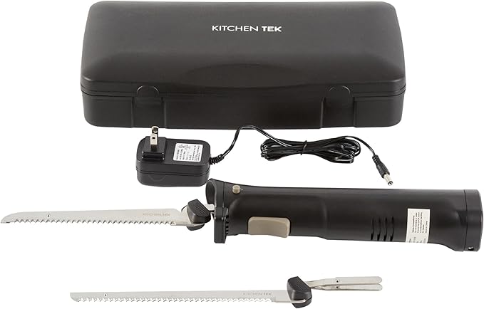 Restaurantware-Kitchen Tek Electric Knife Set, 1 Electric Knife With Motorized Handle - Includes 1 Bread and 1 Carving Tool, 1 Case, Black Plastic Food Cutter With Stainless Steel Blades