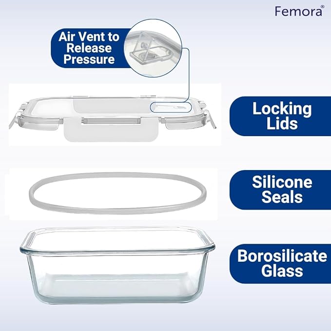Femora Borosilicate Glass Microwave Safe Mini Square Container with Air Tight Air Vent Lid, 180ML, Set of 3, Clear