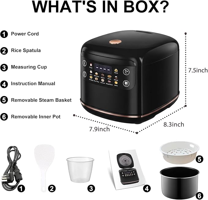 Portable Digital Rice Cooker, 6-Cup (Uncooked)/12-Cup (Cooked) Small Rice Maker with Steaming Basket, Mini Rice Cooker with 2L Removable Nonstick Inner Pot, 10 Menu Options, Auto Keep Warm, 24 Hour Delay Timer (Black)