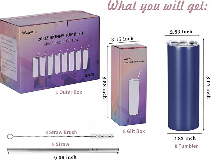 8 Pack 20 Oz Stainless Steel Straight Skinny Tumblers, Insulated Slim Thin Travel Cup Set for DIY, Navy