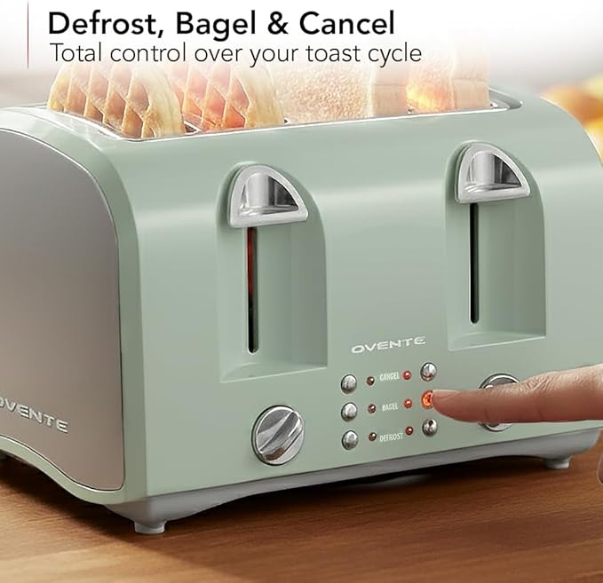 OVENTE Electric 4-Slice Toaster Machine with 6-Shade Selector Setting, Cancel Button, Defrost Function, Crumb Tray, 1400W Power and Wide Slots for Bagels, Waffles and Puff Pastry, Light Blue TS4410LBL