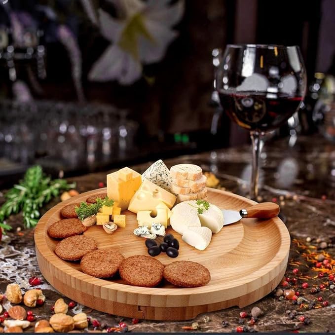 Bamboo Cheese Board Set with Cutlery, Foldable Charcuterie Board with Ceramic Bowls and Knife Set, Portable Serving Tray for Cheese, Steak, Pizza (Round with Knife and Fork)
