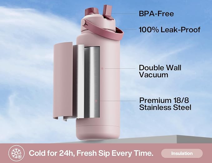 POWCAN 40 oz Insulated Water Bottle with 2-in-1 Straw and Spout Lid, Keep Cold 24H, Leak-Proof, BPA-Free, Double Wall Stainless Steel Water Bottle for Sports, Gym, Travel, and School (Dried Rose)