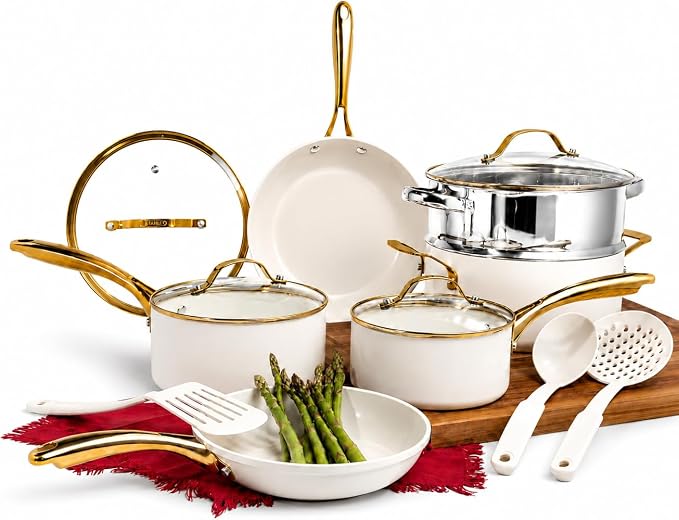 GOTHAM STEEL 15 Pc Ceramic Cookware Set Nonstick – Pots and Pans Set with Cooking Utensils & Steamer, Non Toxic PFOA/PFOS Free, Stay-Cool Handles, Oven & Dishwasher Safe, Cream White