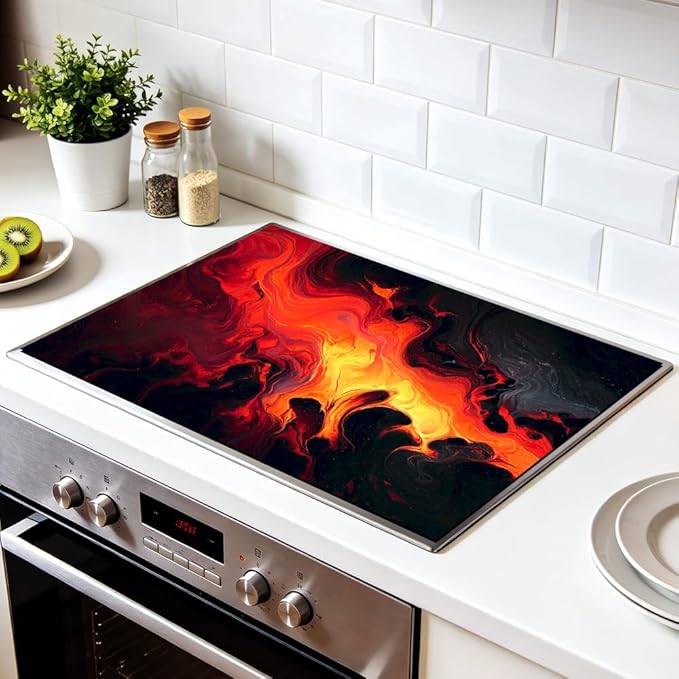 Stove Mat 28.35 x 20.47 Inch Abstract Flame Art with Flowing Red and Orange Motion Dark Contrast Background Expressive Modern Kitchen Decor Style
