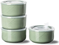 Ceramic Bowls with Lids: 20 oz Microwave Safe Food Storage Containers for Soup, Salad, Cereal, Leftovers, Meal Prep, Lunch, Picnic, Camping, Serving - Airtight, Green, Set of 4