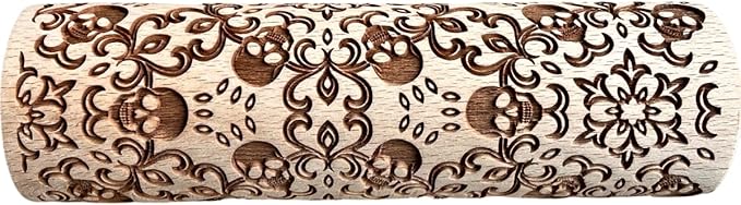 SKULL WREATH Embossing Rolling Pin with SKULLS, Spooky, Death's-head, Halloween Sugar. Laser Engraved Dough Roller for Embossing Homemade Halloween Cookies by Algis Crafts
