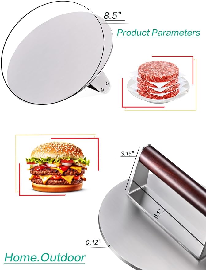 Heavy Duty 2.5 lb Stainless Steel Burger Press – 8.5 Inch Smash Burger Press Hamburger & Bacon Press for Steak, Meat, Flat Top Grill & BBQ, Polished Smooth Base Hamburger Smasher with Wooden Handle