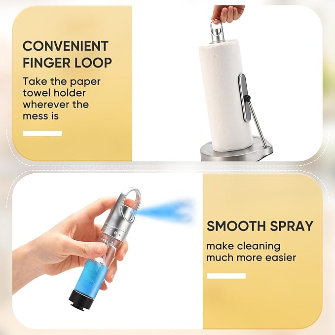 Paper Towel Holder with Spray Bottle for Kitchen Decor and Accessories - Paper Towel Holder Countertop for Kitchen Necessities - Freestanding Paper Towel Holders with Spray Pump for Home Necessities