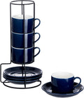 Espresso Cups Set of 4, 4oz Stackable Coffee Cups with Saucers and Metal Stand, Blue Demitasse Cups, Expresso Shots Cup Set