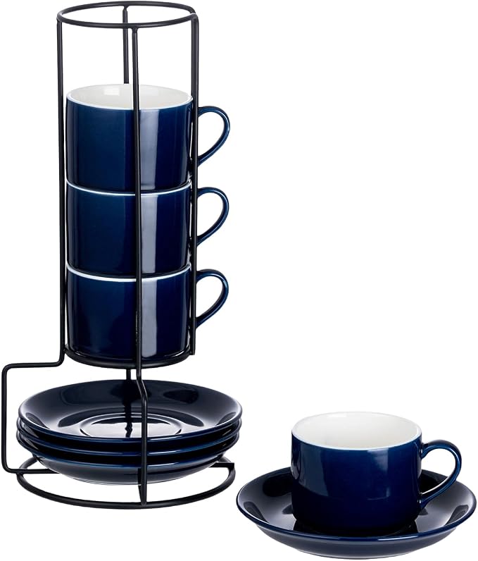 Espresso Cups Set of 4, 4oz Stackable Coffee Cups with Saucers and Metal Stand, Blue Demitasse Cups, Expresso Shots Cup Set