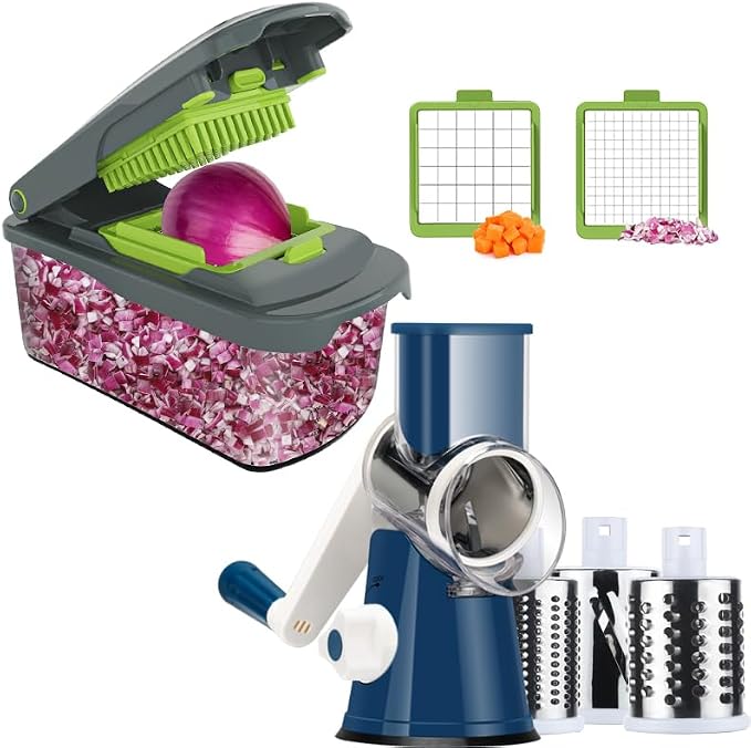 Ourokhome Vegetable Chopper Onion Cutter with Container Multifunctional Food Chopper with 2 Blades, Rotary Cheese Grater Hand Crank, Kitchen Shredder Speed Mandolin Slicer Nuts Grinder with Handle