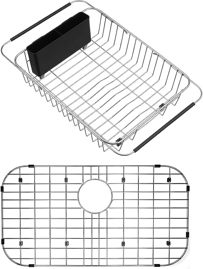 SANNO Expandable Dish Drying Rack Over The Sink Kitchen Sink Grate Stainless Steel Sink Protector for Kitchen Sink