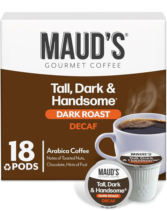 Maud's Decaf Dark Roast Coffee Pods, 18 ct, Decaffeinated Coffee in Single Serve Pods – 100% Arabica Coffee, Compatible with Keurig K Cups Maker