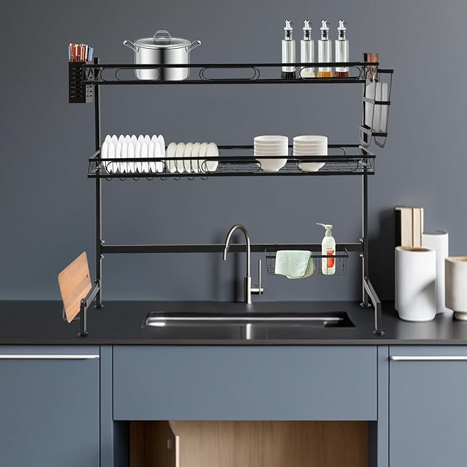 2-Tier Over Sink Dish Drying Rack, Multifunctional Kitchen Rack Extra Large Extendable Dish Rack Carbon Steel Over Sink Dish Rack with 8 Hooks for Kitchen Counter (32in)