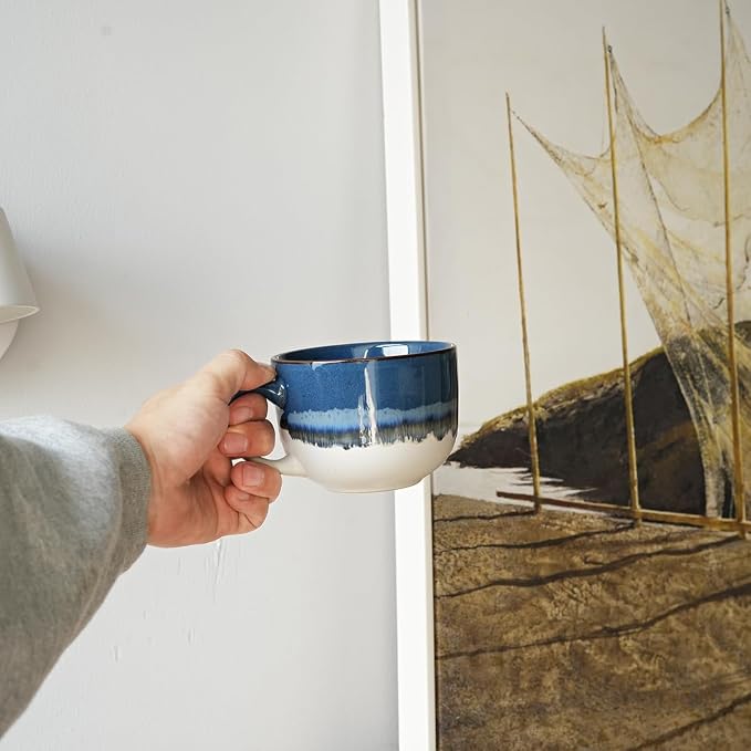 Bosmarlin Ceramic Coffee Mug Set of 4, 16 Oz, Jumbo Latte Mugs, Dishwasher and Microwave, Unique Reactive Glaze (Deep Blue, 16 Oz)