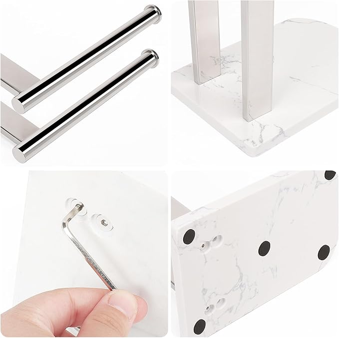 NearMoon Hand Towel Holder with Balanced Marble Base, SUS304 Stainless Steel Stand Towel Ring L Shape Hand Towel Rack Free-Standing Towel Bar for Bathroom Kitchen Countertop (Double Rod, Chrome)