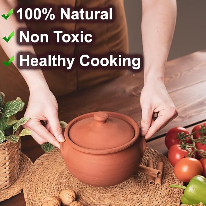 Small Earthenware Clay Mexican Mud Eathern Terracotta Cooking Pot Pottery Cazuela Cookware with Lid Natural Stovetop Stove Top Stone Stew Rice Unglazed Indian Kitchen Oven Terra Cotta Handcrafted Traditional Healthy (1.2 Quarts - Size2)