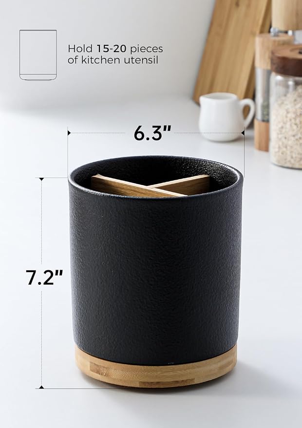 LoeJan 3 Compartment Utensil Holder, Extra Large Utensil Crock, Stable Ceramic Utensil Organizer, Cooking Tool Organizer Set for Kitchen Counter Farmhouse Decor,Textured Black