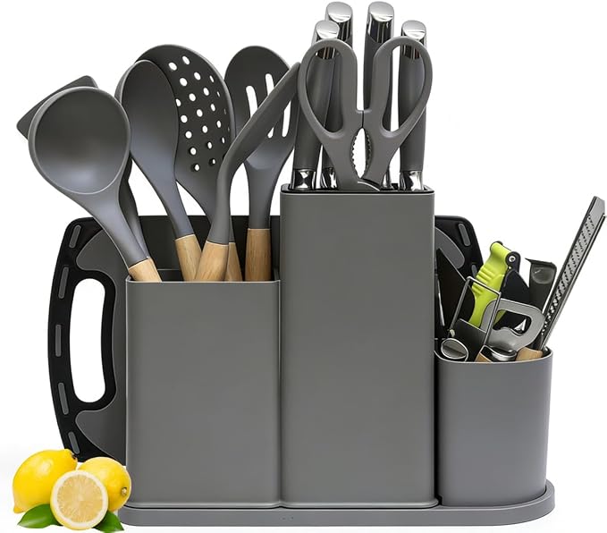 Kitchen Utensils and Knives Set, 20PCS Knife and Cooking Spoon Tools Set with Storage Holder, Sharp Stainless Steel Knife Sets with Bread, Chef Knife Cutting Board (Grey)