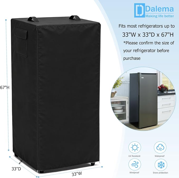 Outdoor Refrigerator Cover,600D Heavy Duty 100% Waterproof Upright Freezer Cover,Outside Stand Up Fridge Covers.Front Can Be Rolled-Up by Zippers.(Black,33" W x 33" D x 67" H)